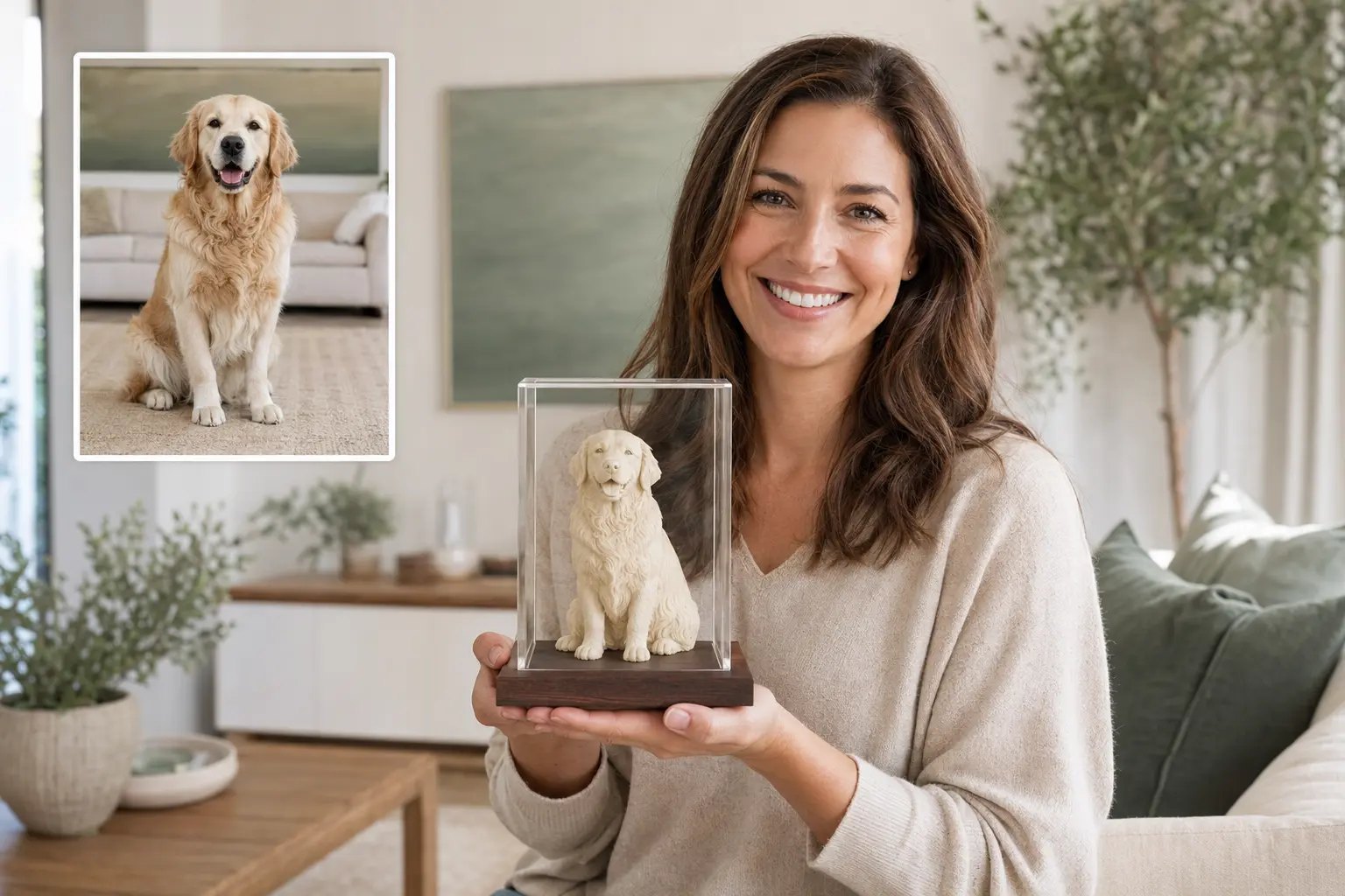 Lächelnde Hundebesitzerin zeigt die 3D-Figur ihres Golden Retrievers in einer Vitrine; das Originalfoto ist oben links eingeblendet